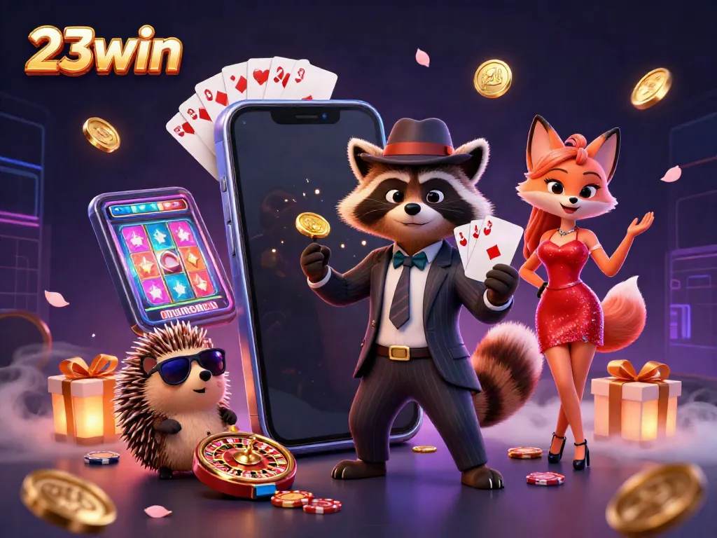 Experience the excitement at 23win with a suave raccoon, charming fox lady, and hedgehog bouncer amidst dynamic casino elements.