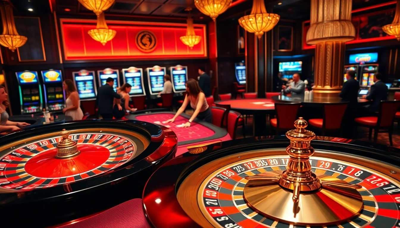 C168 gaming scene at a luxury casino with roulette and blackjack tables.