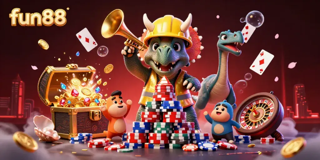 Join the fun88 adventure with a triceratops building poker chips and a parasaurolophus in celebration.