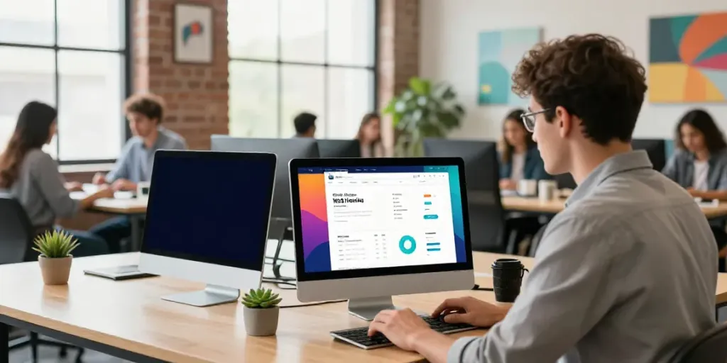 Webhosting dashboard displayed on a laptop screen in a coworking space.