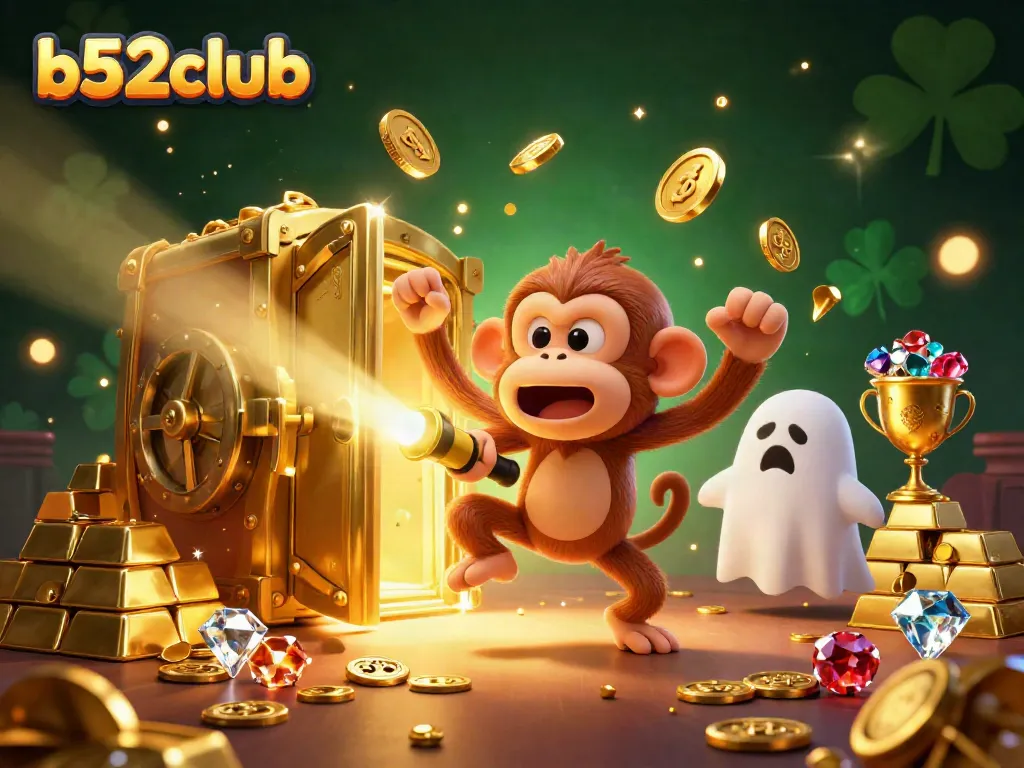 The b52club showcases vibrant golden treasures and characters amidst a lively casino scene.