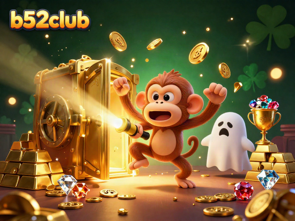 The b52club showcases vibrant golden treasures and characters amidst a lively casino scene.