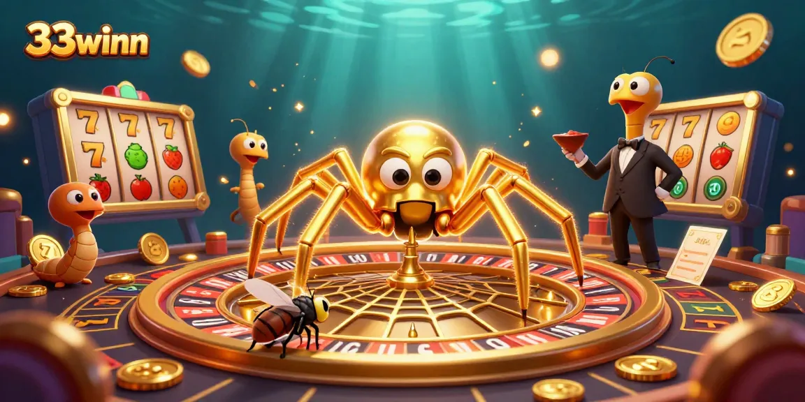 Bet with 33winn: dynamic 3D illustration featuring a golden spider spinning a roulette web in a casino setting.