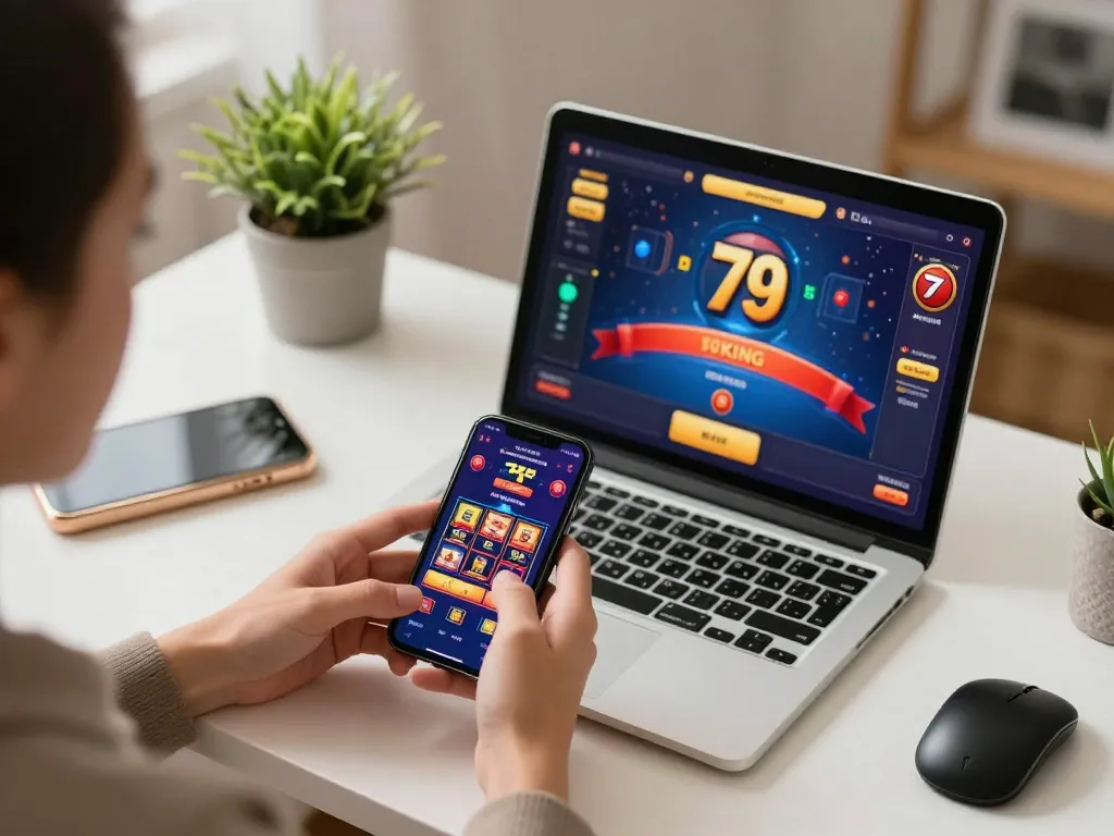 Play the 79KING app on a smartphone in a cozy home gaming setup, showcasing responsible gambling