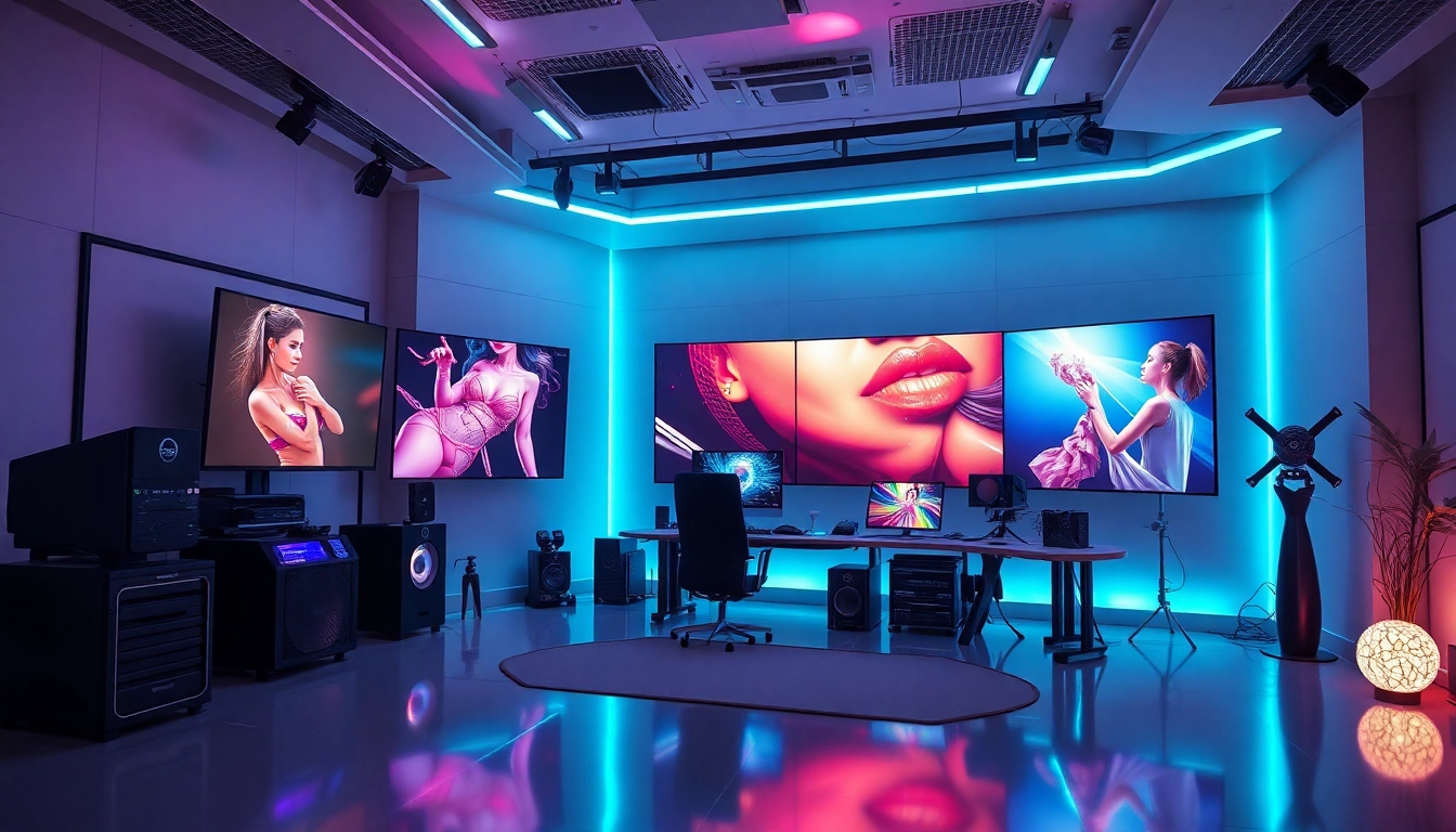 AI porn production studio showcasing innovative technology and vibrant digital art.