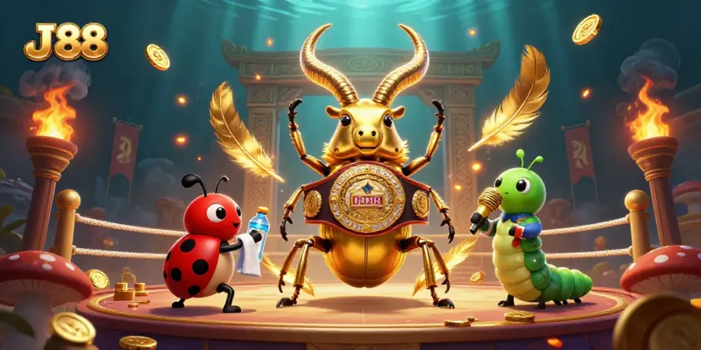 Experience the thrill of J 88 with a golden stag beetle boxing champion in a dynamic casino scene.
