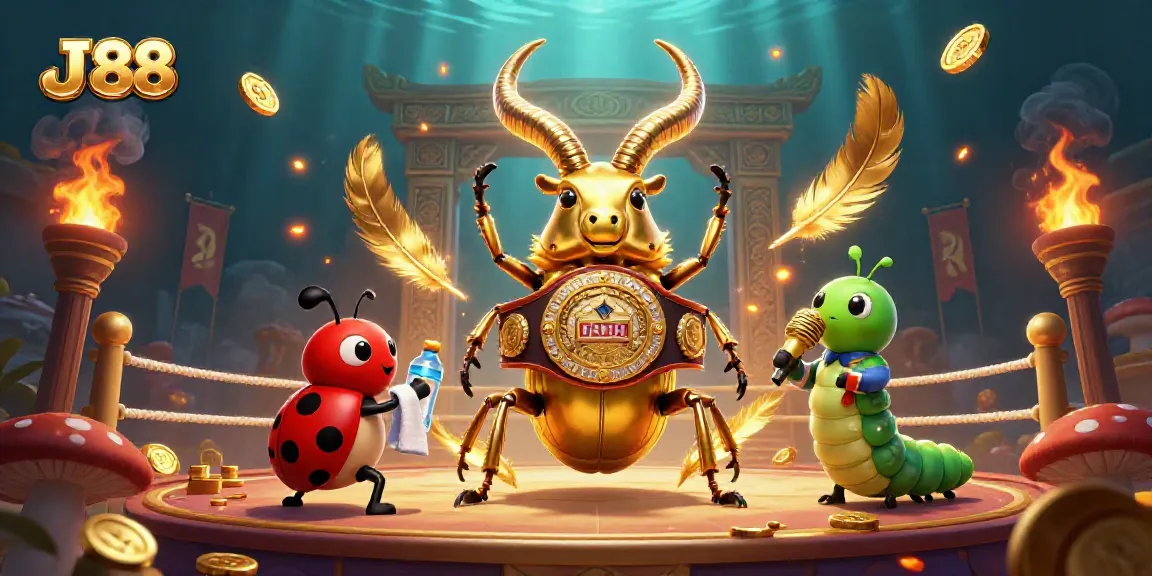 Experience the thrill of J 88 with a golden stag beetle boxing champion in a dynamic casino scene.