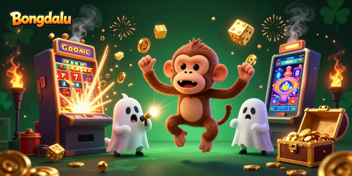 Bongdalu showcases a lively scene of a mischievous monkey juggling high-value casino elements in a haunted casino atmosphere.