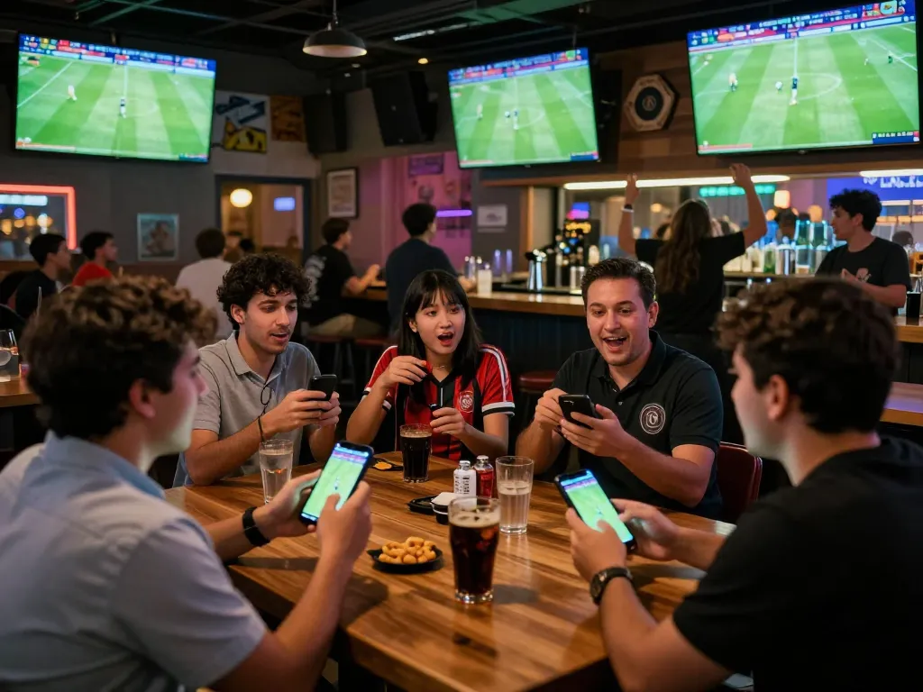 Socolive users engaging in live betting while watching their favorite soccer match in a vibrant sports bar atmosphere.