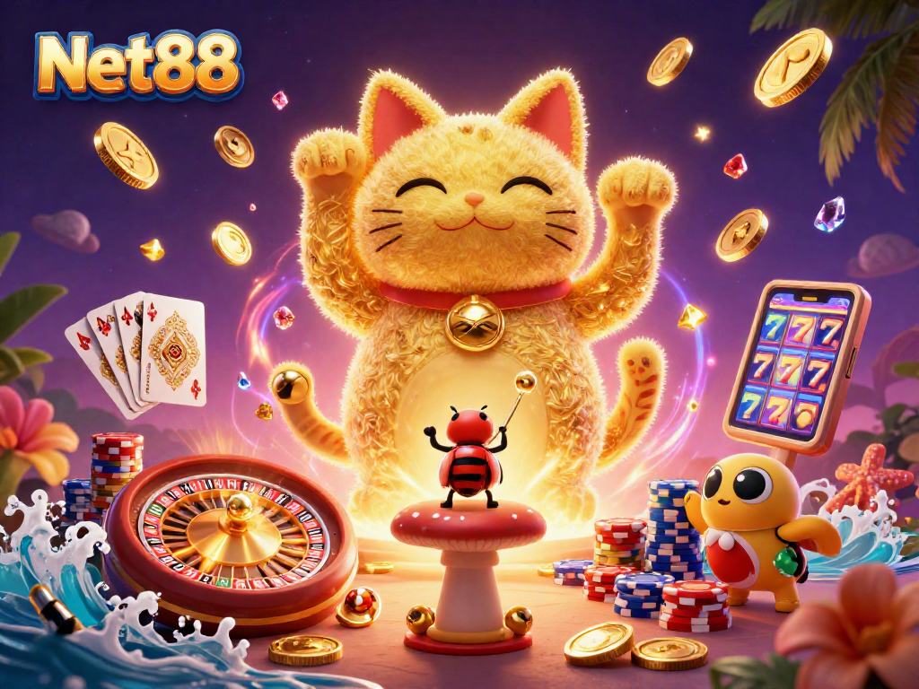 Engage with Net88's mesmerizing scene of a lucky cat with casino symbols and vibrant game elements.