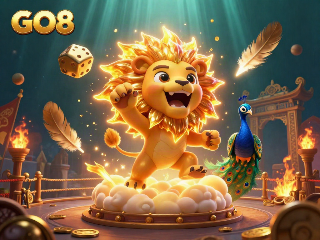 Experience the thrill of GO8 with a vibrant scene of a roaring lion, golden dice, and exciting casino elements.