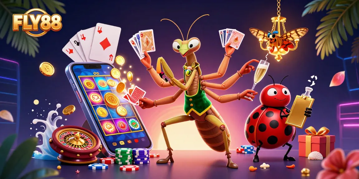 FLY88 card sharp and ladybug pit boss handling games in an ultra-detailed casino scene.