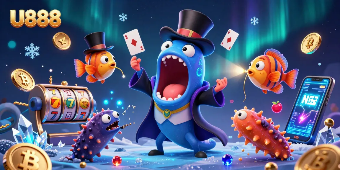 Experience thrilling U888 gaming with bioluminescent creatures and neon crypto elements in an exciting casino scene.