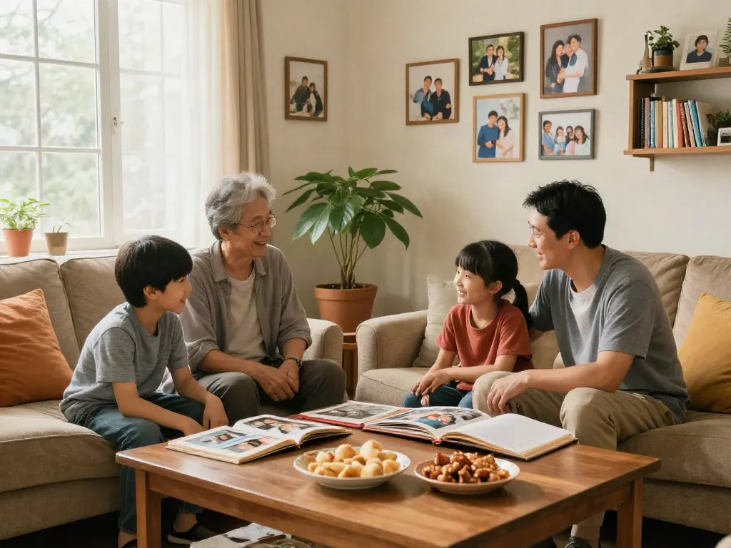 Family bonding in a cozy living room, showcasing the importance of rokok88 values in honoring parents.