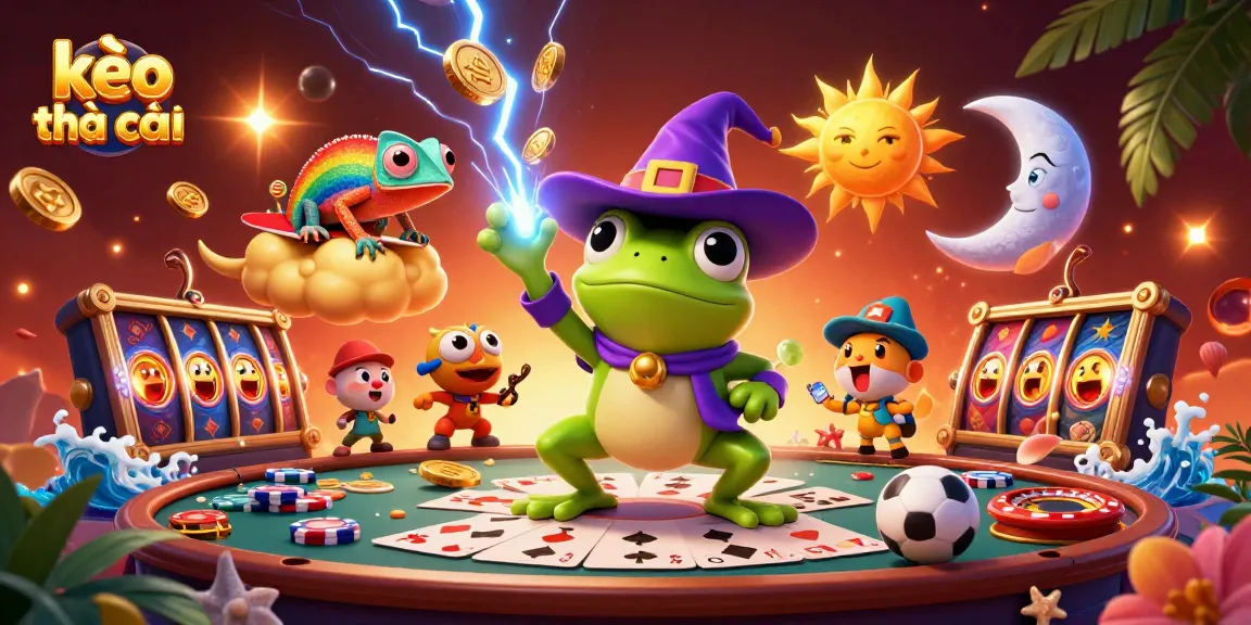 Experience kèo nhà cái excitement with a wizard frog and chameleon amidst vibrant casino elements.