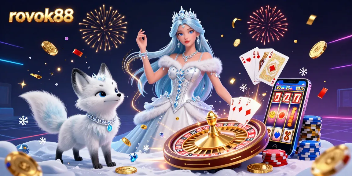 Experience the thrill of rokok88 as a glamorous woman celebrates with golden coins and colorful poker chips.