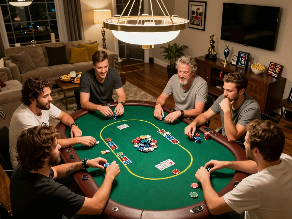 Dive into DW8 poker gaming with friends at a cozy home setup during a lively game night
