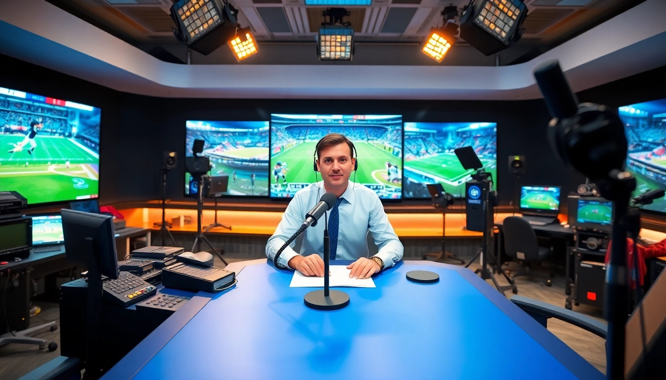 Presenter in a modern sports broadcasting studio discussing major events and highlights.