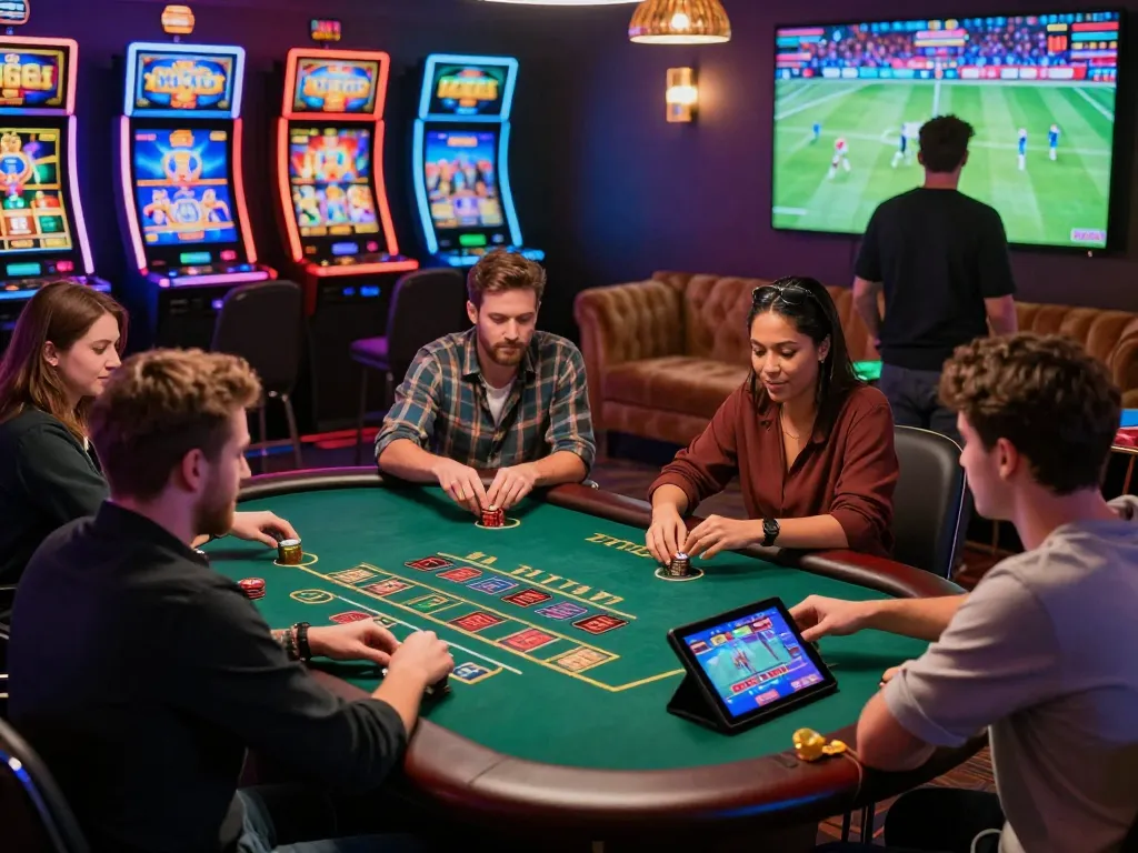 KO666 online casino scene with diverse players enjoying live blackjack and sports betting in a vibrant, modern atmosphere.