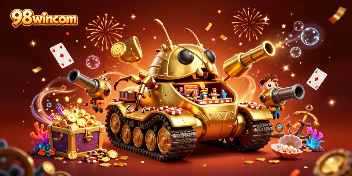 Engage with 98wincom's vibrant casino world featuring a golden tank revealing a mini casino!