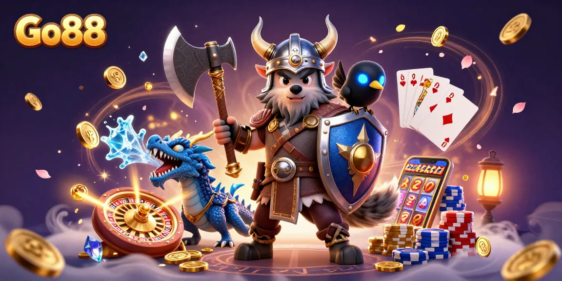 Go88 captures thrilling moments with a Viking warrior, dragon, and vibrant casino elements, engaging players in epic gaming adventure.