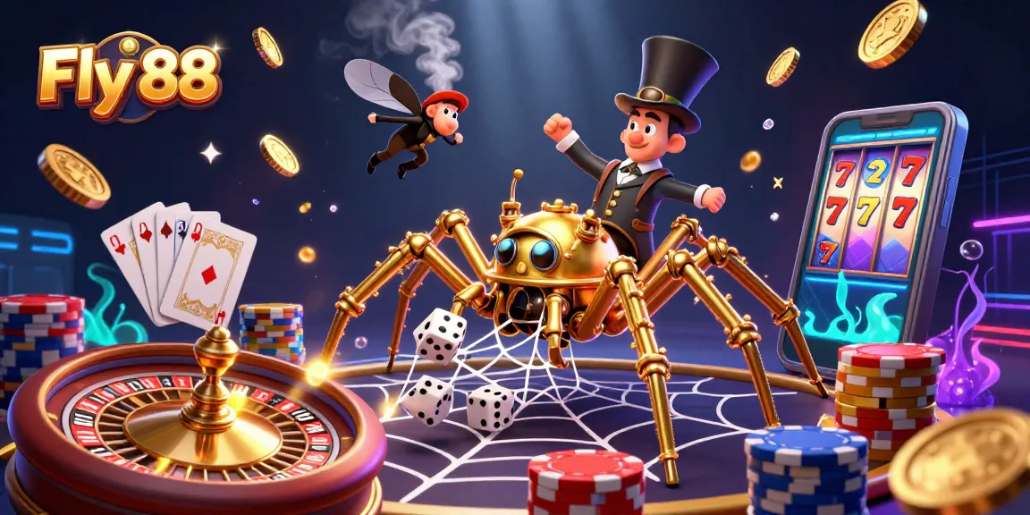 Engage with Fly 88's thrilling 3D casino scene, featuring a steampunk spider and golden elements.