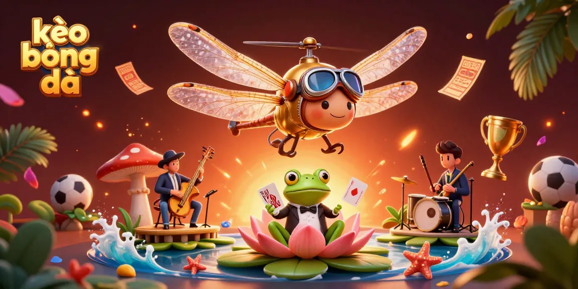 The kèo bóng đá scene features a dragonfly pilot hovering over a lily pad casino with a frog dealer and cricket musicians.