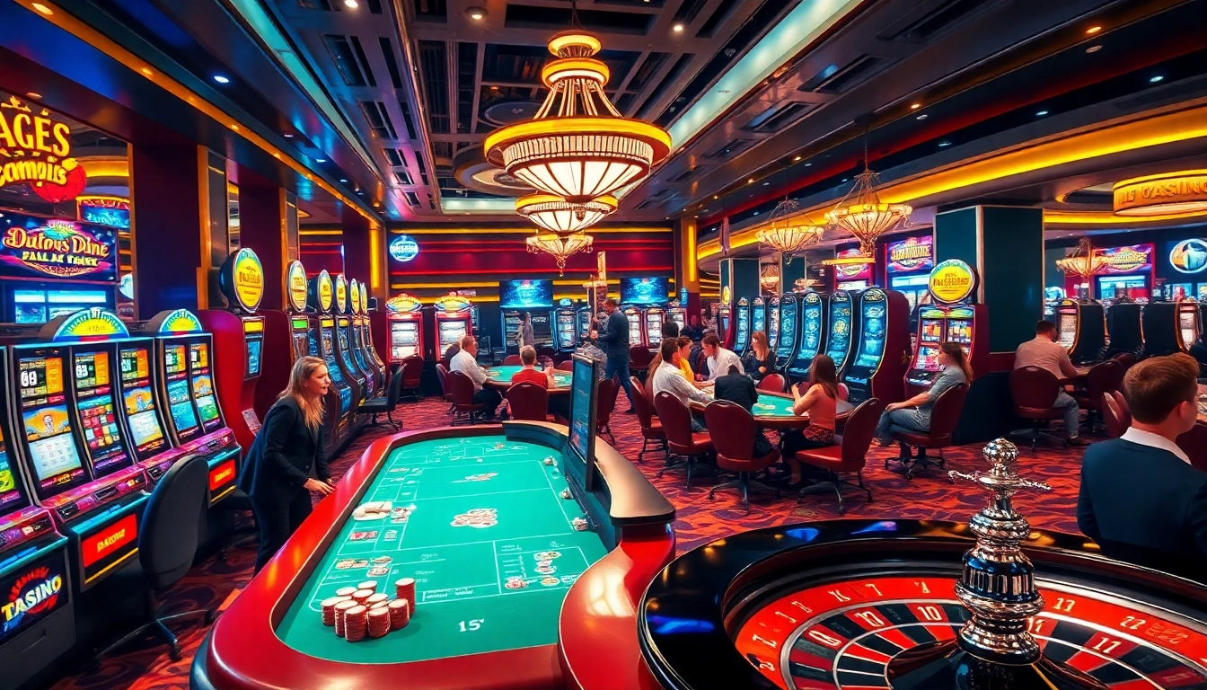 Players enjoying a lively gaming experience at https://tx88at.com/ casino with colorful slots and poker tables.