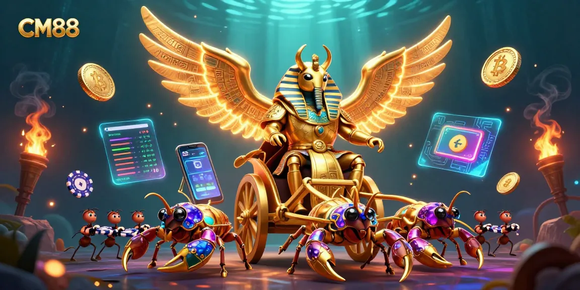 Bet on CM88 with a stunning 3D scene featuring a golden scarab and casino elements.