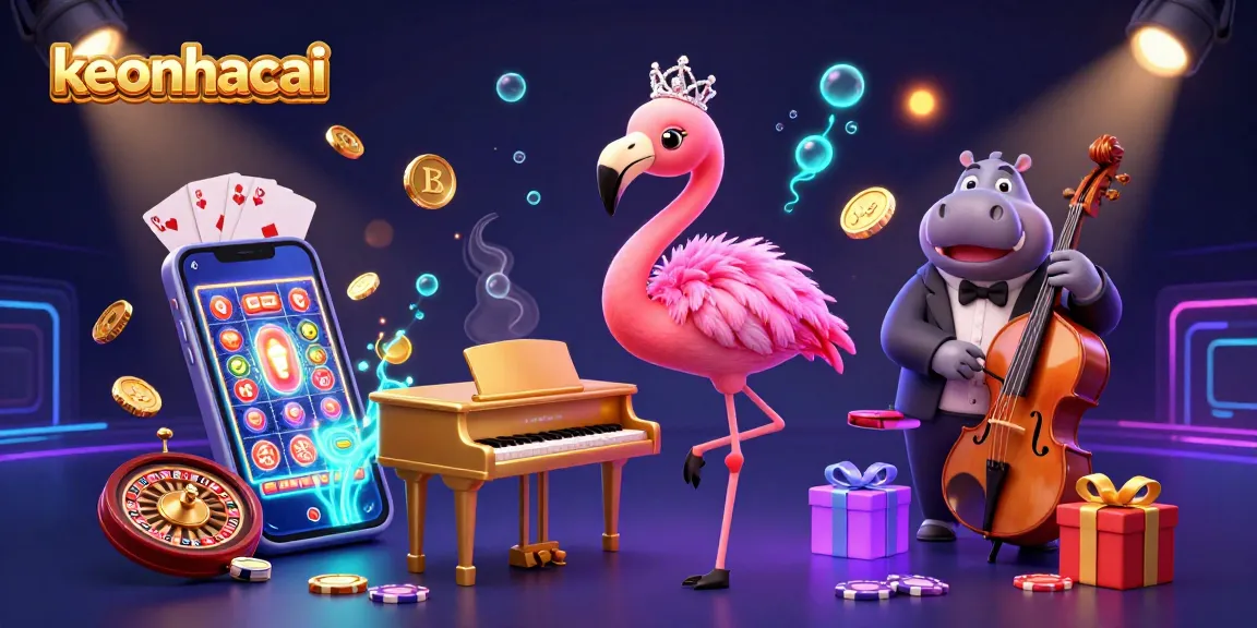 Engage with keonhacai's vibrant casino scene featuring a flamingo singer and hippo bassist amidst captivating game elements.