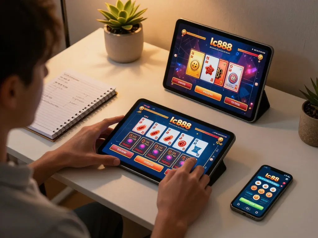 Engaging in the game lc88 on a tablet at home, showcasing vibrant card graphics and betting options.
