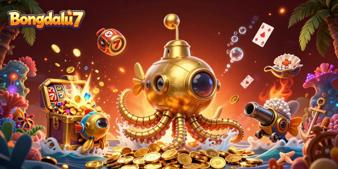 Bongdalu7 showcases a vibrant underwater scene filled with golden coins, slot reels, and a golden kraken.
