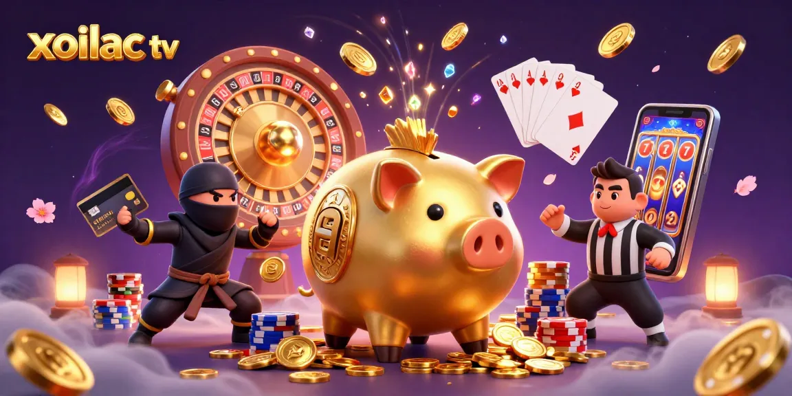 Xoilac TV features exciting online gambling action with the golden piggy bank wrestler amidst dynamic coins and sparkling gems.