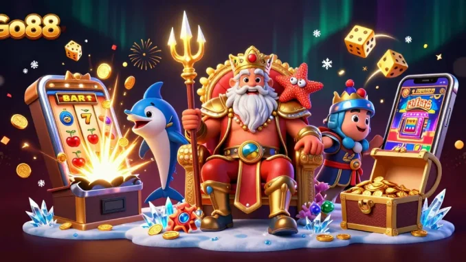 Experience the thrill of winning with Go88 at this vibrant 3D casino scene featuring Neptune and a jackpot explosion.