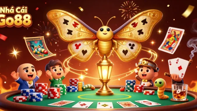 Engage with the thrilling ambiance of Nhà Cái Go88's vibrant casino world featuring colorful poker elements.