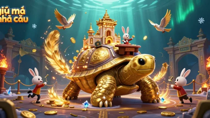 Engage with giải mã nhà cái through a vibrant illustration of a golden tortoise casino with dynamic elements.