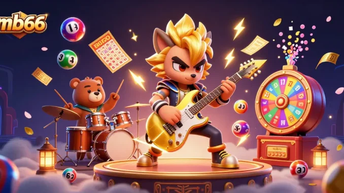Engage with mb66's lively casino atmosphere featuring a rock star wolf and a drummer bear in action.