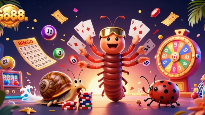 Pushing chips at Go88. A lively 3D scene with colorful lottery balls and vibrant casino elements.