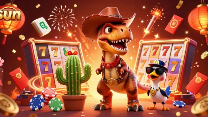 Spin the sun-themed slots with a dynamic T-Rex cowboy amidst poker elements and vibrant confetti.