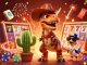 Spin the sun-themed slots with a dynamic T-Rex cowboy amidst poker elements and vibrant confetti.