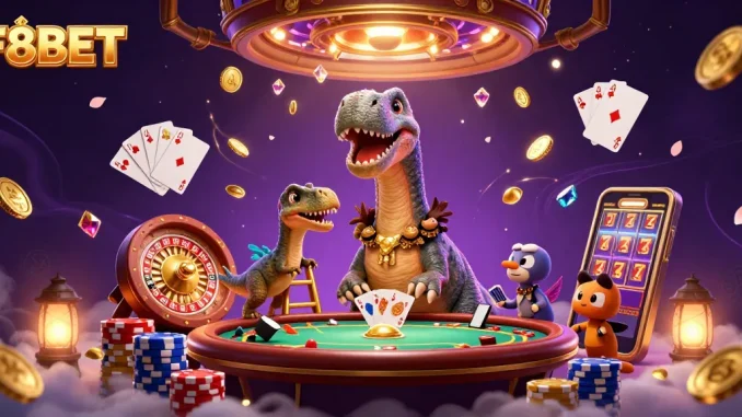 Engage with F8BET as a giant brontosaurus looms in a vibrant casino scene, showcasing excitement.