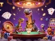Engage with F8BET as a giant brontosaurus looms in a vibrant casino scene, showcasing excitement.