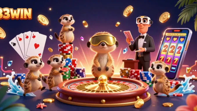 Experience thrilling wins at 33WIN with lively meerkats managing a vibrant casino scene.