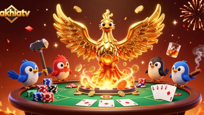 Experience thrilling moments on cakhiatv as the golden phoenix symbolizes victory in a vibrant gambling scene.
