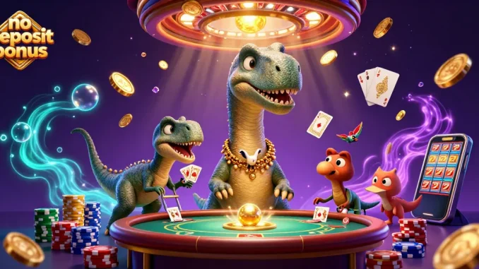 Experience exciting gameplay with a no deposit bonus at a vibrant casino illustrated scene.