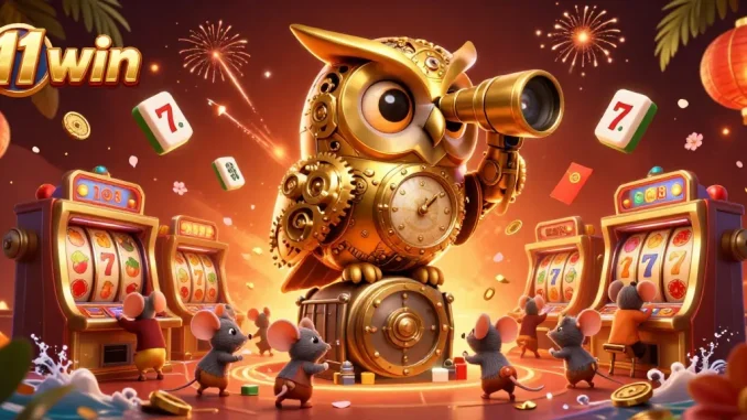 Experience the vibrant thrill of 11 win in a packed casino scene filled with cartoon characters and gaming elements.