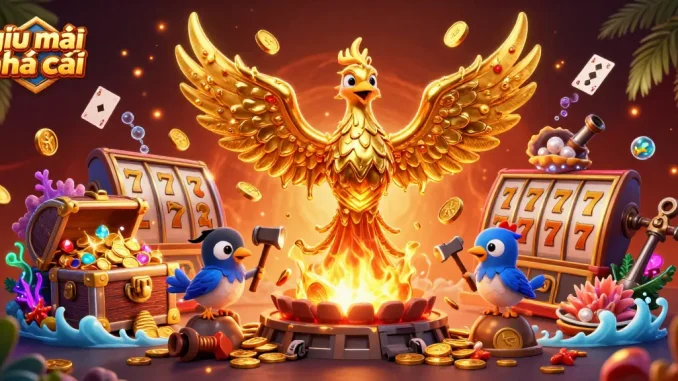 Engage with giải mã nhà cái through a vibrant 3D scene featuring a golden phoenix and exciting casino elements.