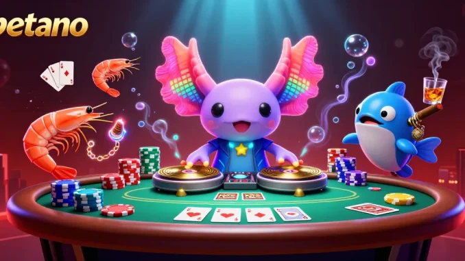 Erlebe spannende Aktionen bei Betano, wo der neonfarbene Axolotl DJ mit seinen Freunden am Poker-Tisch feiert.