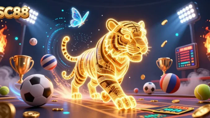Experience SC88 with a neon-wireframe tiger and dynamic sports elements in a vibrant digital landscape.