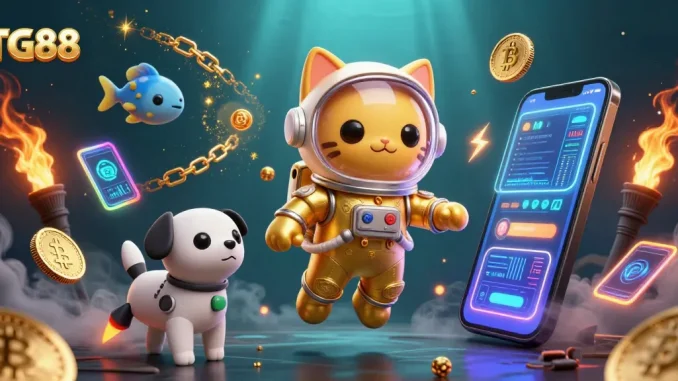 Engage with TG88's exciting games in a dynamic 3D casino adventure featuring vibrant character interactions and crypto elements.